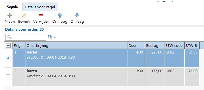 Niet gegroepeerde factuurregels