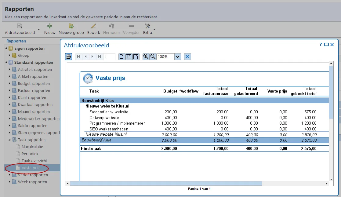 Rapportage project met vaste prijs