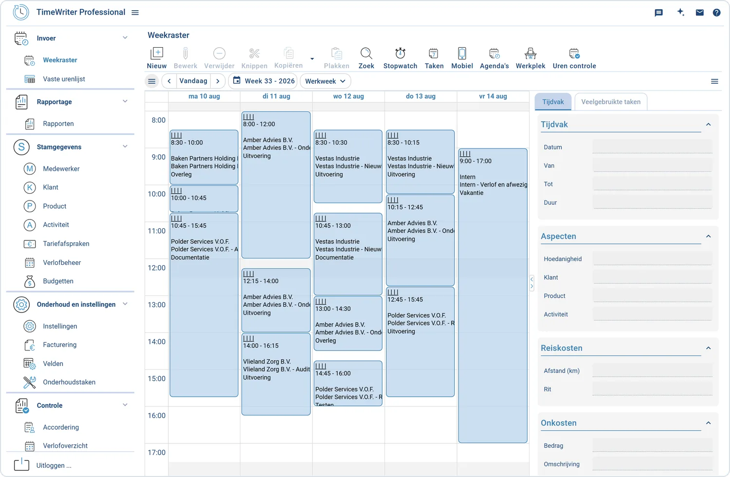 urenregistratie, tijdregistratie, weekraster, agenda koppeling, rapportages, projecturen, klantregistratie, urenboekingen