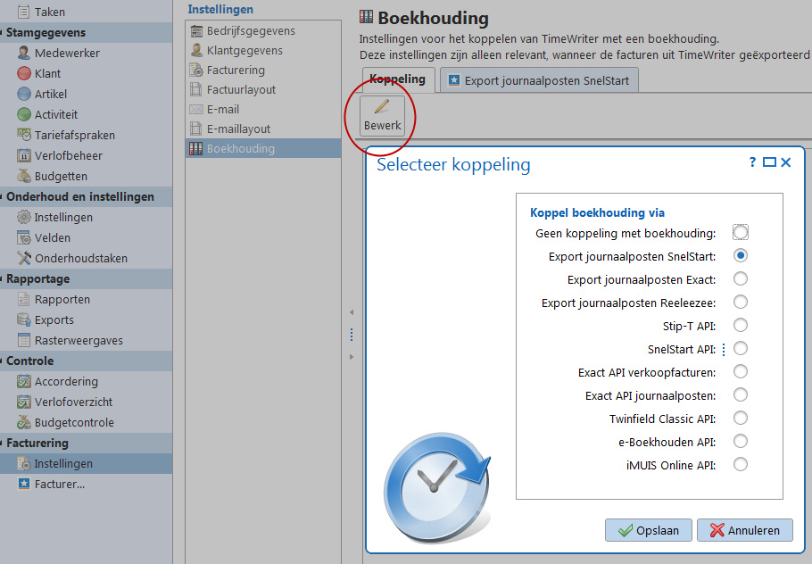 Keuze koppeling boekhouding - Timewriter