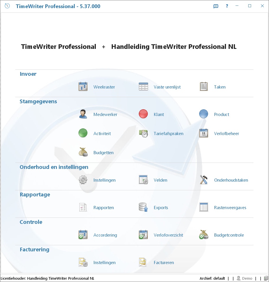 De Module verkenner van TimeWriter Freeware met Invoer, Stamgegevens, Onderhoud en instellingen en Rapportage