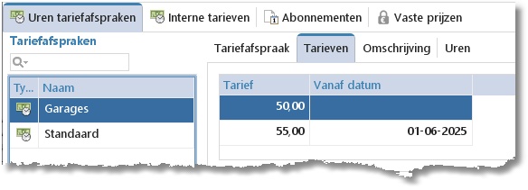 Tabblad Tarieven: 45,00 zonder datum en 55,00 vanaf 01-06-2025