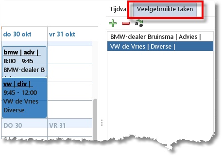 Het tabblad Veelgebruikte taken naast het weekraster