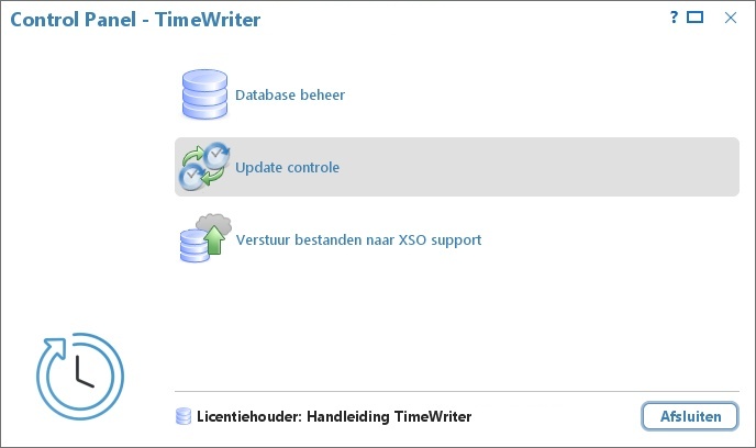 Het Control Panel van TimeWriter Freeware met Database beheer, Update controle en Verstuur bestanden naar XSO support