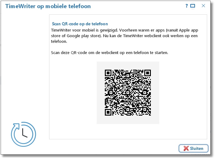 Het venster TimeWriter op mobiele telefoon met een QR-code