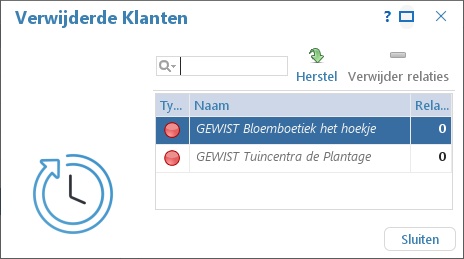 Venster met de verwijderde klanten