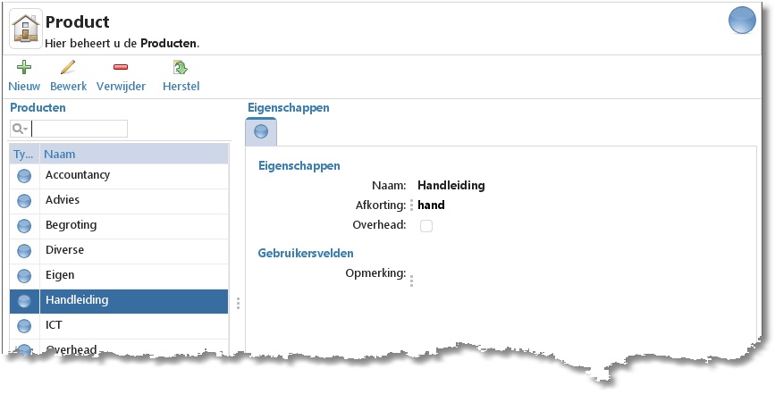 Stamgegevens Product: de lijst met producten en de eigenschappen van het geselecteerde product