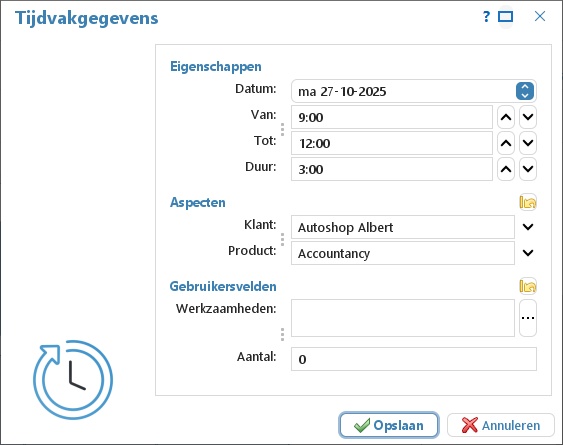 Het venster Tijdvakgegevens met datum, tijden, klant, product, werkzaamheden en aantal