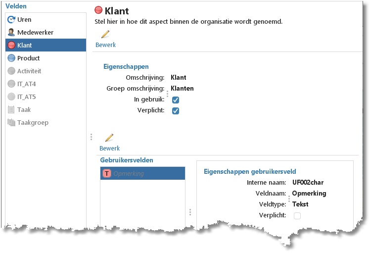 Instellingen van het aspect Klant bij Velden