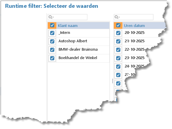 Het runtime filter met de gevonden waarden