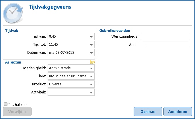 Het scherm om een urenboeking te wijzigen in de webclient