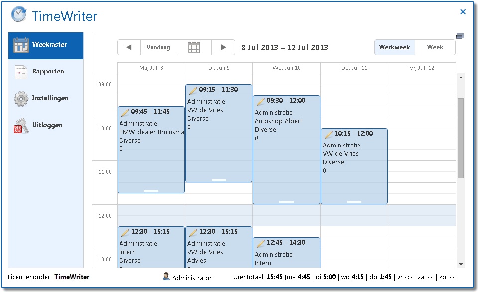 Het weekraster in de webclient