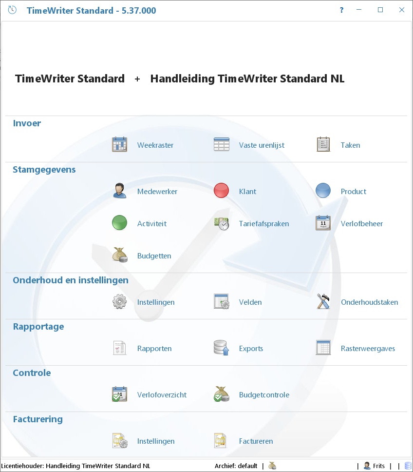 De Module verkenner van TimeWriter Freeware met Invoer, Stamgegevens, Onderhoud en instellingen en Rapportage