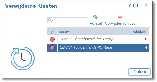 Venster met de verwijderde klanten