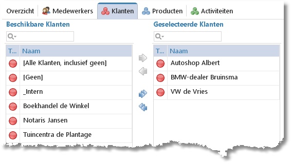 Tabblad Klant van tariefafspraak Garages met beschikbare en gekoppelde klanten