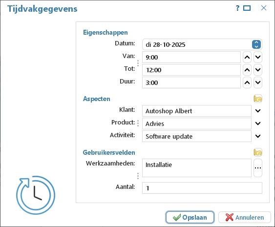 Het venster Tijdvakgegevens met datum, tijden, klant, product, werkzaamheden en aantal