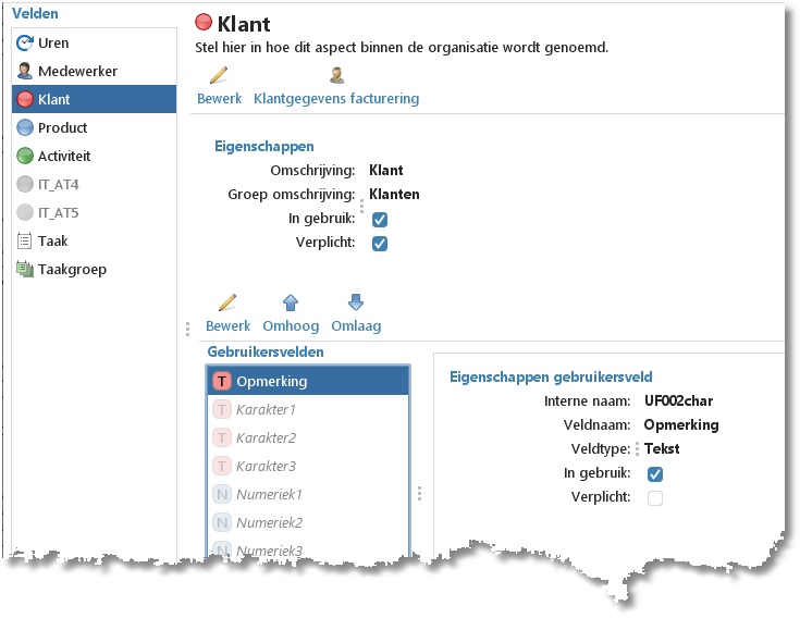 Instellingen van het aspect Klant bij Velden