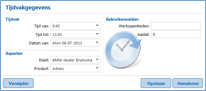 Het scherm om een urenboeking te wijzigen in de webclient