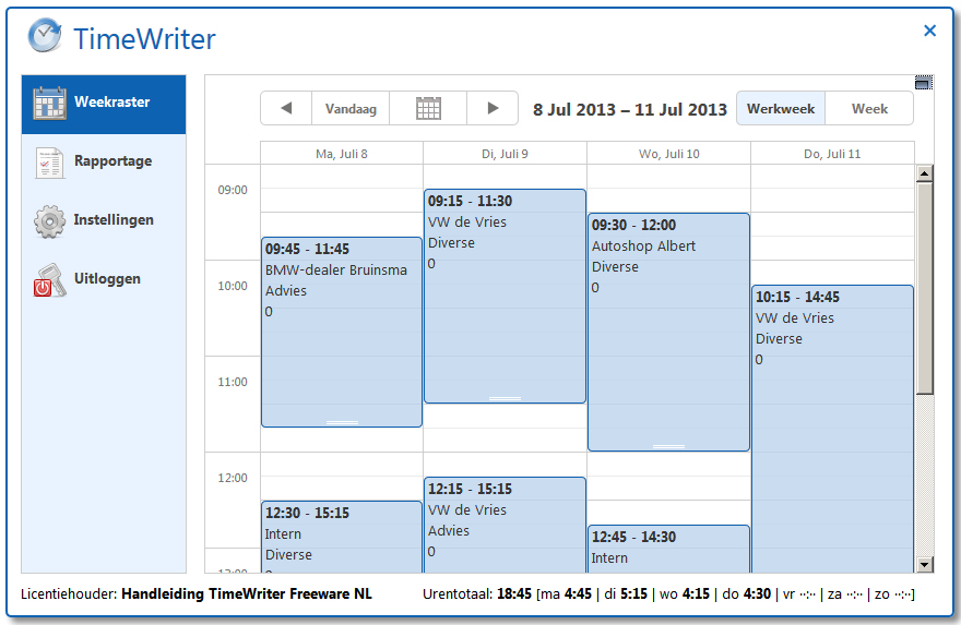 Het weekraster in de webclient
