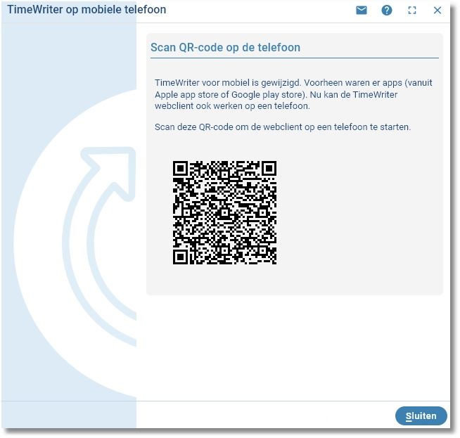 Het venster TimeWriter op mobiele telefoon met een QR-code