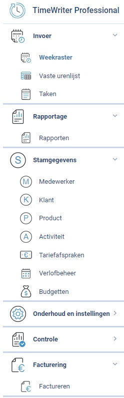De Module verkenner van TimeWriter Freeware met Invoer, Stamgegevens, Onderhoud en instellingen en Rapportage