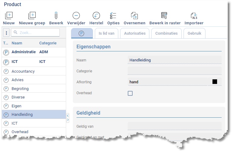 Stamgegevens Product: de lijst met producten en de eigenschappen van het geselecteerde product