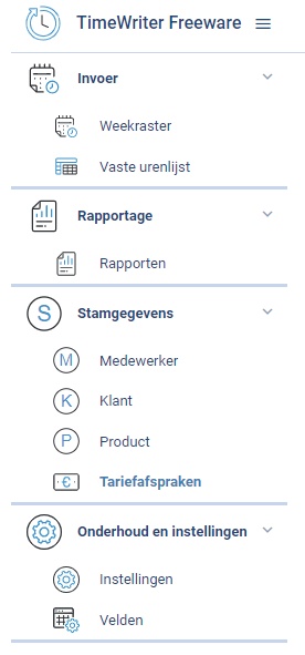 De Module verkenner van TimeWriter Freeware met Invoer, Stamgegevens, Onderhoud en instellingen en Rapportage