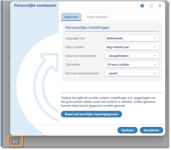Het venster Persoonlijke instellingen