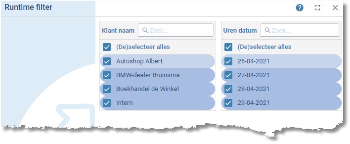 Het runtime filter met de gevonden waarden