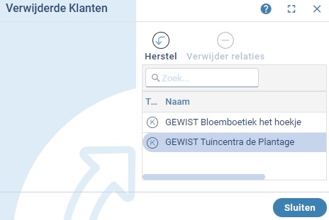 Venster met de verwijderde klanten