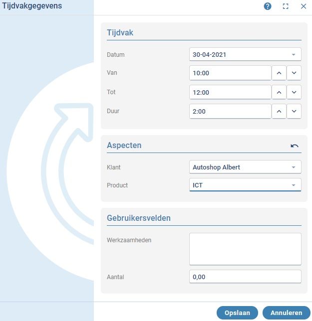 Het venster Tijdvakgegevens met datum, tijden, klant, product, werkzaamheden en aantal