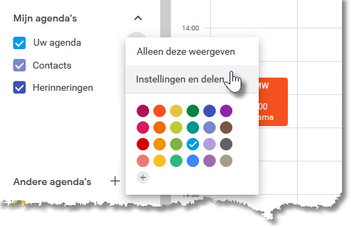 Google Agenda: de menu-optie Instellingen en delen