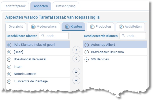 Tabblad Klant van tariefafspraak Garages met beschikbare en gekoppelde klanten