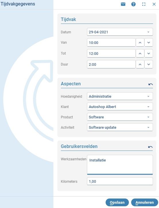 Het venster Tijdvakgegevens met datum, tijden, klant, product, werkzaamheden en aantal