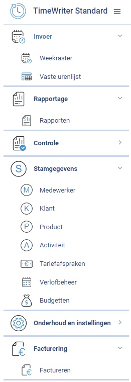 De Module verkenner van TimeWriter Freeware met Invoer, Stamgegevens, Onderhoud en instellingen en Rapportage