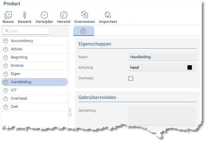 Stamgegevens Product: de lijst met producten en de eigenschappen van het geselecteerde product