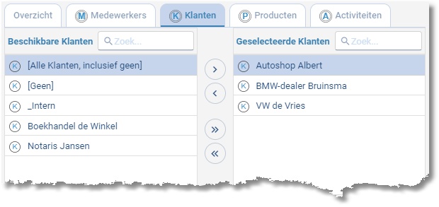 Tabblad Klant van tariefafspraak Garages met beschikbare en gekoppelde klanten
