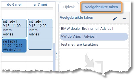 Het tabblad Veelgebruikte taken naast het weekraster