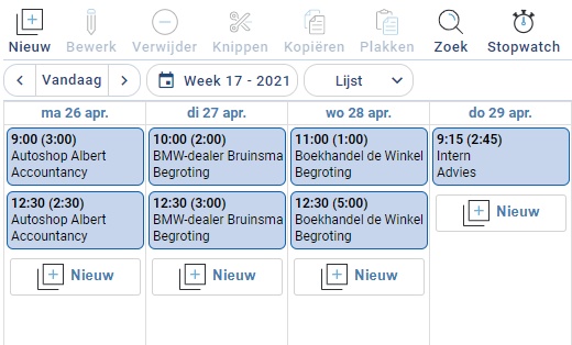De weeklijst met urenboekingen per dag
